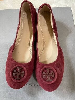 Tory Burch Burgundy Suede Round-Logo Ballet Flats